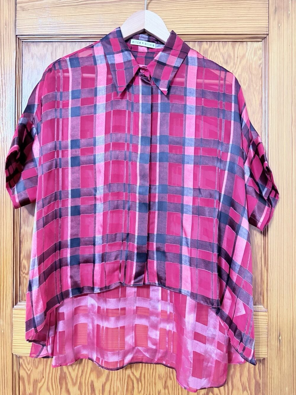 Alice + Olivia Plaid Silk Blend High Low Button Down Shirt Pink M Oversized